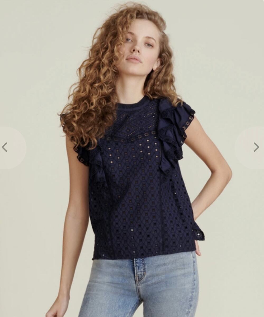 Veronica Beard Jie Eyelet Lace Top Blouse Navy Flutter Sleeve Womens Size 6